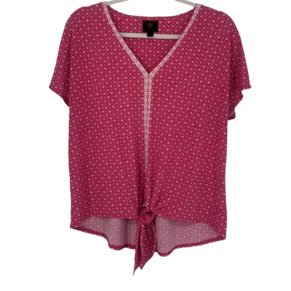JM Collection Pink Tie-Front Geometric Blouse Small (Fits Medium) - Picture 3 of 6